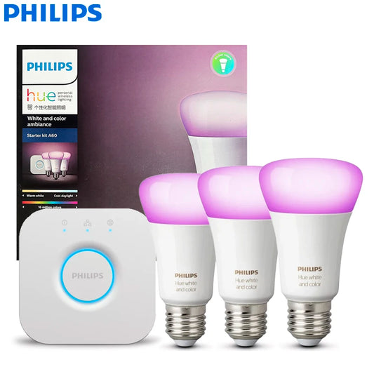 Philips Hue Smart Light Starter Kit 3x E27 60W A60 Smart Bulbs + 1x Bridge White And Color Ambiance Lamps App Bluetooth Control