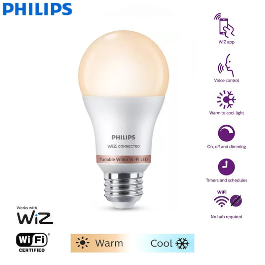 Philips WiZ Tunable White Smart Bulb – 9 W E27, Warm‑to‑Cool White, Wi‑Fi & Bluetooth